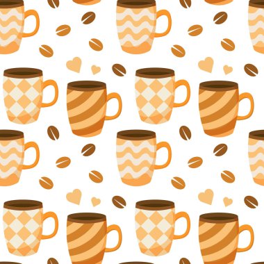 Kusursuz desenler, desenli kahve fincanları kahverengi ve bej tonları olan kahve çekirdekleri. Mutfak dekoru, tekstil, baskı.