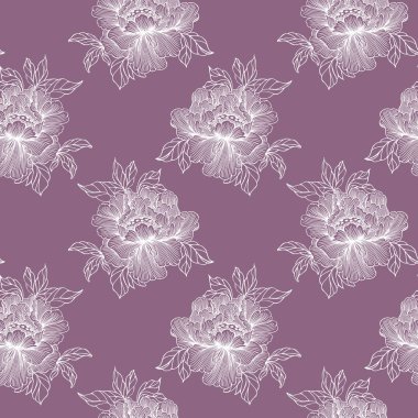 Kusursuz desen, leylak arkaplanda beyaz şakayıklar çizilmiş. Tekstil, duvar kağıdı, baskı