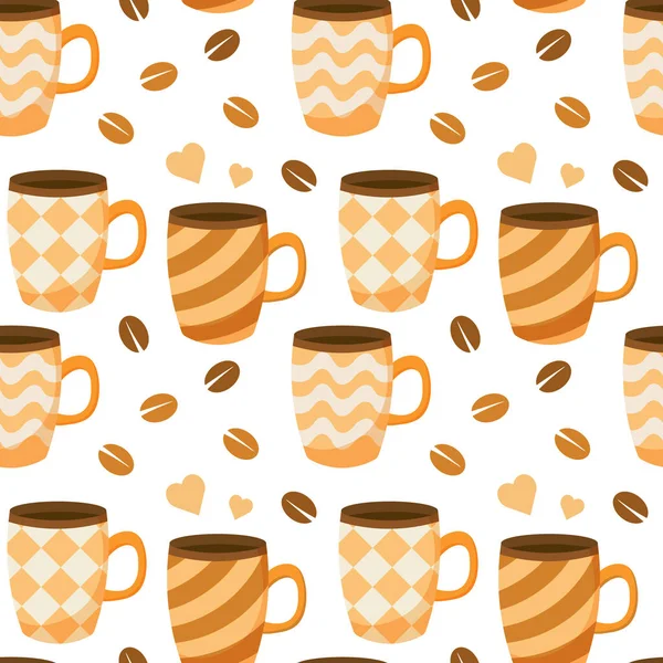 Kusursuz desenler, desenli kahve fincanları kahverengi ve bej tonları olan kahve çekirdekleri. Mutfak dekoru, tekstil, baskı.
