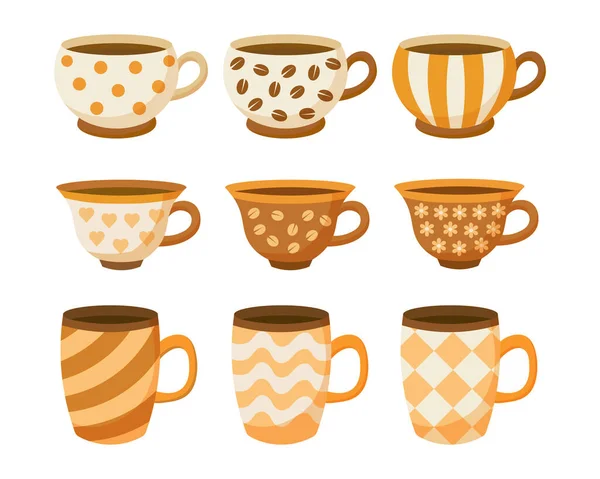 茶色とベージュの色合いのカップ パターン化されたコーヒーカップのセット キッチンのための装飾 — ストックベクタ