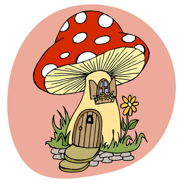 Resim, orman evi şeklinde sihirli mantar sineğini agarik bir şekle soktu. Çocuklar için tekstil, kartpostal, baskı