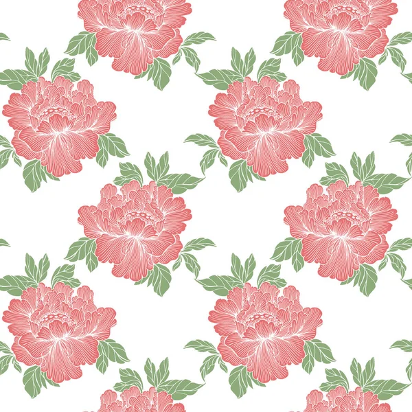 Seamless Pattern Drawn Pink Peonies Leaves White Background Textile Wallpaper — Stock Vector