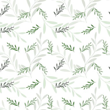 Kusursuz desenler, beyaz arka planda yeşil tonlarda yapraklarla boyanmış dallar. Tekstil, duvar kağıdı, baskı