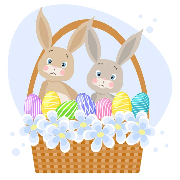 Ilustración Pascua Par Lindos Conejitos Beige Una Canasta Con Huevos — Vector de stock