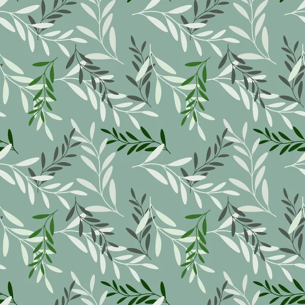 Бесшовный Узор Окрашенные Ветви Листьями Зеленого Оттенка Тонком Зеленом Фоне — стоковый вектор