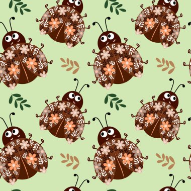Kusursuz desen, çiçek desenli sevimli uğur böcekleri ve soluk yeşil arka planda yapraklar, kahverengi-bej renkler. Tekstil, baskı, çocuk örgüsü dekoru.