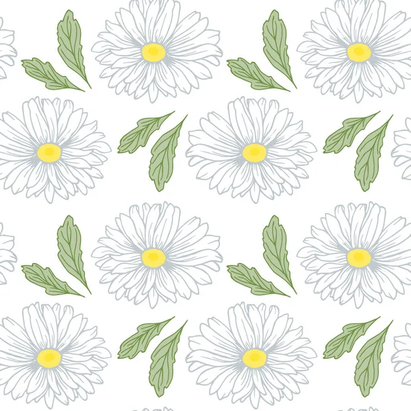 Motif Sans Couture Marguerites Blanches Dessinées Main Feuilles Vertes Textile — Image vectorielle