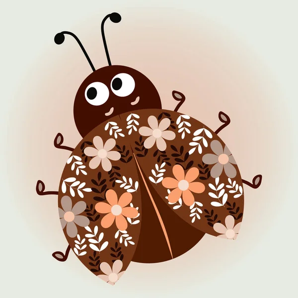Illustration Cute Ladybug Ornament Flowers Leaves Light Background Brown Beige — Stock Vector