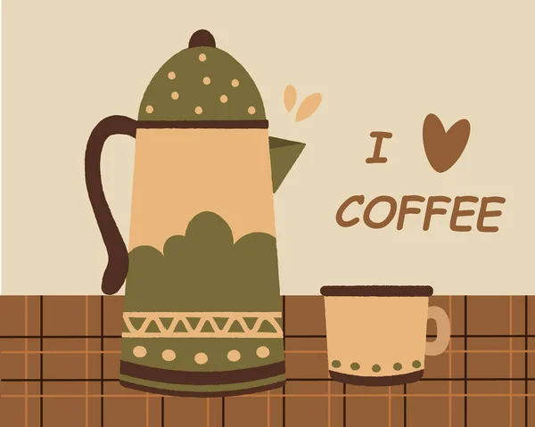 Ilustración Juego Café Lindo Una Cafetera Una Taza Café Mantel — Vector de stock