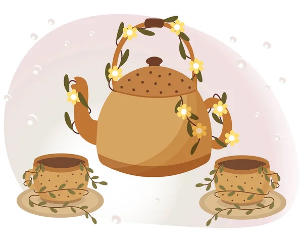 Illustration Ensemble Thé Mignon Une Théière Des Tasses Avec Des — Image vectorielle