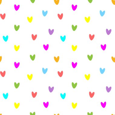 Kusursuz desen, beyaz arka planda çok renkli küçük kalpler. Pastel renkler. Tekstil, kağıt, tatil dekorasyonu