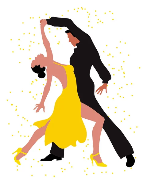 Sztuka Klipu Tańcząca Para Mężczyzna Czerni Kobieta Żółtej Sukience Eleganckiej — Wektor stockowy