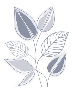 Duvar sanatı, narin gri ve açık mavi suluboya ve beyaz arka plandaki yapraklar. Çizgi, poster, kartpostal