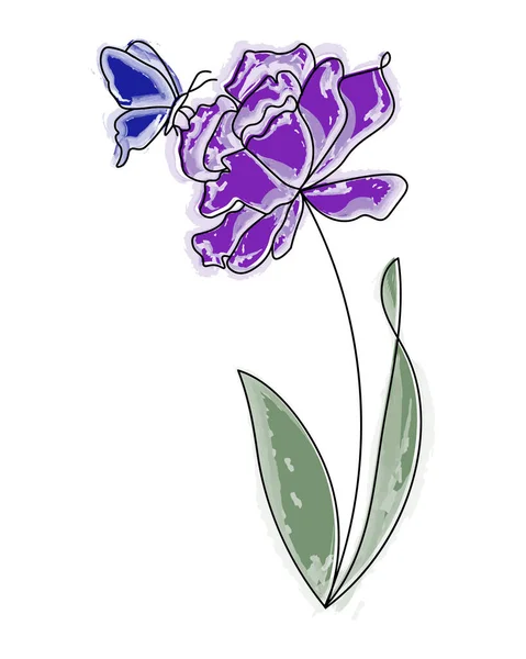 Иллюстрация Раскрашенный Вручную Сиреневый Цветок Радужной Оболочки Бабочкой Черный Контур — стоковый вектор