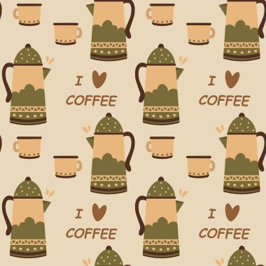 Kusursuz desenler, kahve fincanları, süslemeli ve harfli kahve demliği, kahverengi ve bej renkler. Tekstil, baskı, kafe dekorasyonu