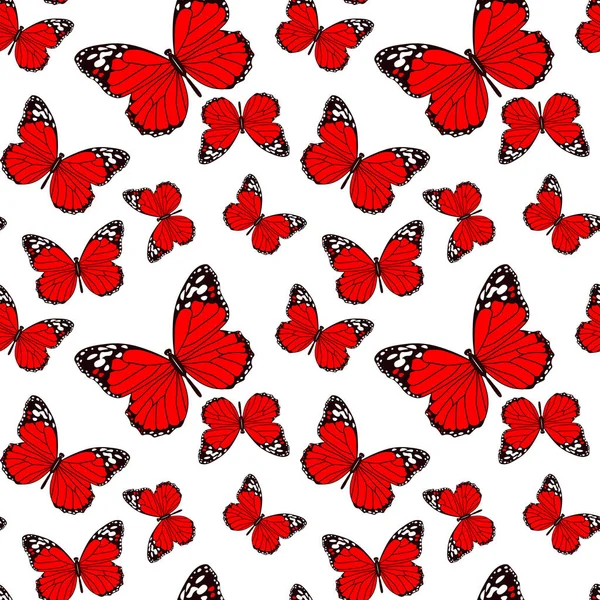 Patrón Sin Costuras Elegantes Mariposas Rojas Con Patrón Blanco Negro — Vector de stock