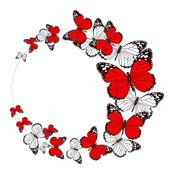 Věnec Malovaných Bílých Červených Létajících Motýlů Pozvánka Svatbu Výročí Sváteční — Stockový vektor