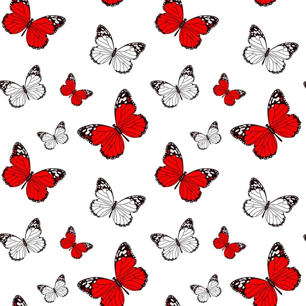 Patrón Sin Costuras Mariposas Blancas Rojas Dibujadas Sobre Fondo Blanco — Archivo Imágenes Vectoriales