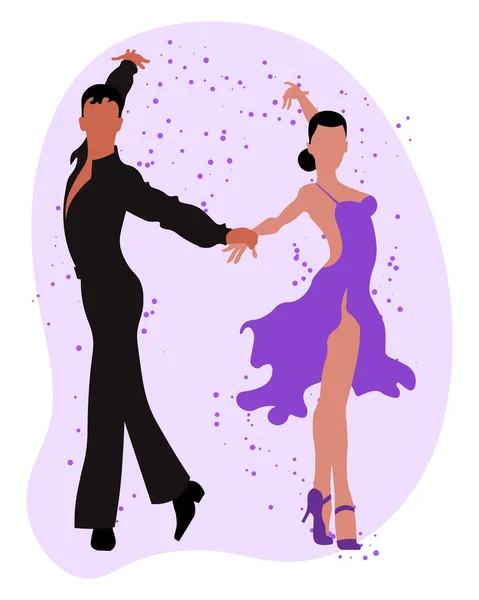 Ilustracja Tańcząca Para Mężczyzna Czerni Kobieta Fioletowej Sukience Abstrakcyjnym Tle — Wektor stockowy