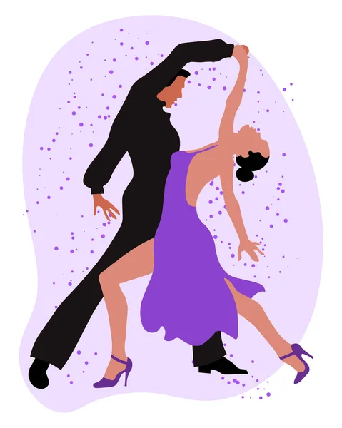 Ilustracja Tańcząca Para Mężczyzna Czerni Kobieta Fioletowej Sukience Abstrakcyjnym Tle — Wektor stockowy