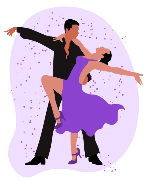 Illustration, a dancing couple, a man in black and a woman in a purple dress on an abstract background. Poster, print, postcard