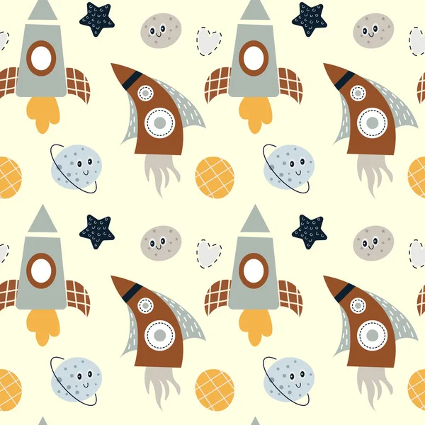 Seamless Pattern Kids Rockets Planets Stars Pastel Colors Boho Style — Stock Vector