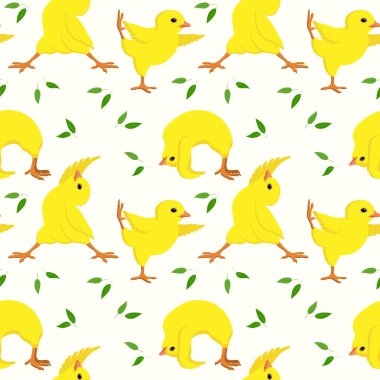 Kusursuz desenli, jimnastik pozisyonunda sevimli sarı tavuklar ve yapraklar. Yazdırma, çocuk tekstili, kapak, tatil dekorasyonu