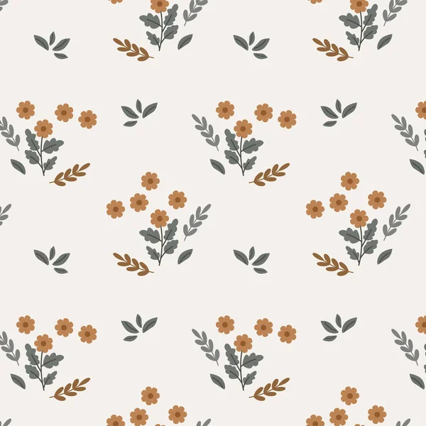 Naadloos Patroon Kleine Delicate Beige Bloemen Takken Met Grijze Bladeren — Stockvector