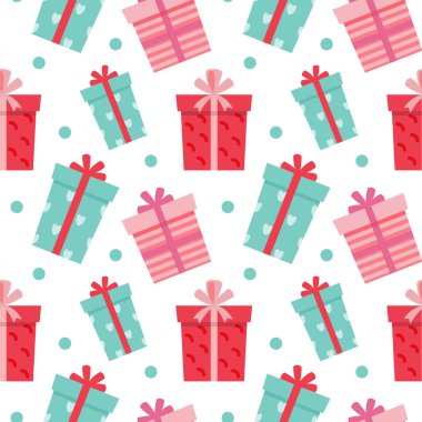 Kusursuz desen, şirin hediye kutuları ve yıldızlar, beyaz arka planda pembe ve yeşil renk. Yazdırma, tekstil, duvar kağıdı, tatil dekorasyonu