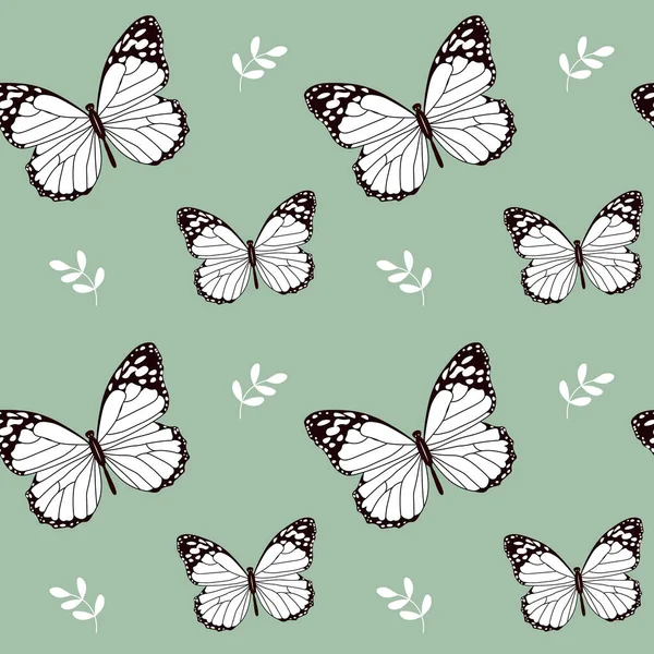 Patrón Sin Costuras Mariposas Blancas Hojas Sobre Fondo Verde Suave — Archivo Imágenes Vectoriales