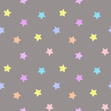 Çocuksu, pürüzsüz desen, bej arka planda çok renkli küçük yıldızlar. Pastel renkler. Tekstil, duvar kağıdı, baskı, kapak.