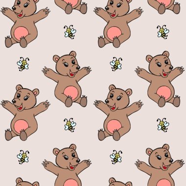 Kusursuz desen, el çizimi sevimli gülen ayılar ve bej bir arka planda arılar. Tekstil, duvar kâğıdı, kapak, çocuk odası dekorasyonu.