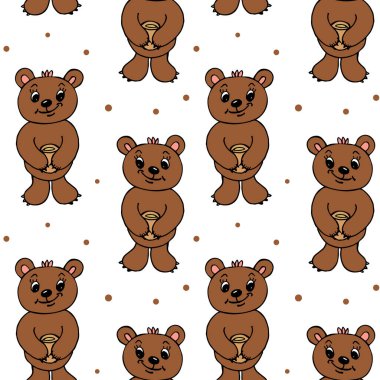 Kusursuz desenli, el çizimi tatlı, bal ve beyaz arkaplanda noktalar olan gülen ayılar. Tekstil, duvar kâğıdı, kapak, çocuk odası dekorasyonu.