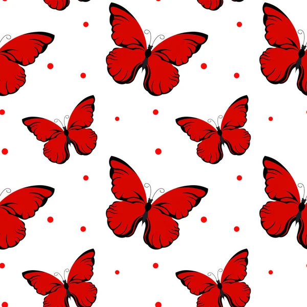 Bezešvé Vzor Elegantní Červené Motýly Bílém Pozadí Textilní Tapety Tisk — Stockový vektor