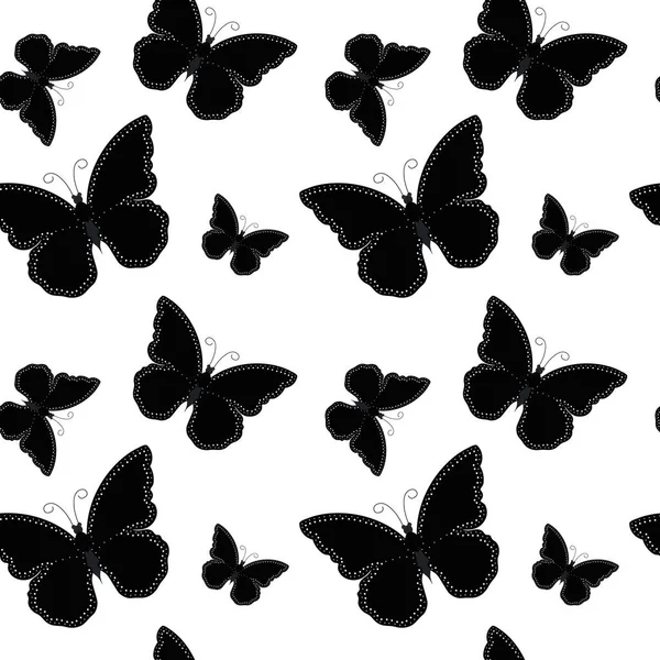 Płynny Wzór Czarne Motyle Białymi Kropkami Białym Tle Tekstylia Tapety — Wektor stockowy