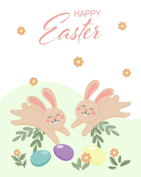 Пасхальная Открытка Милые Прыгающие Кролики Раскрашенные Яйца Листья Цветы Лугу — стоковый вектор