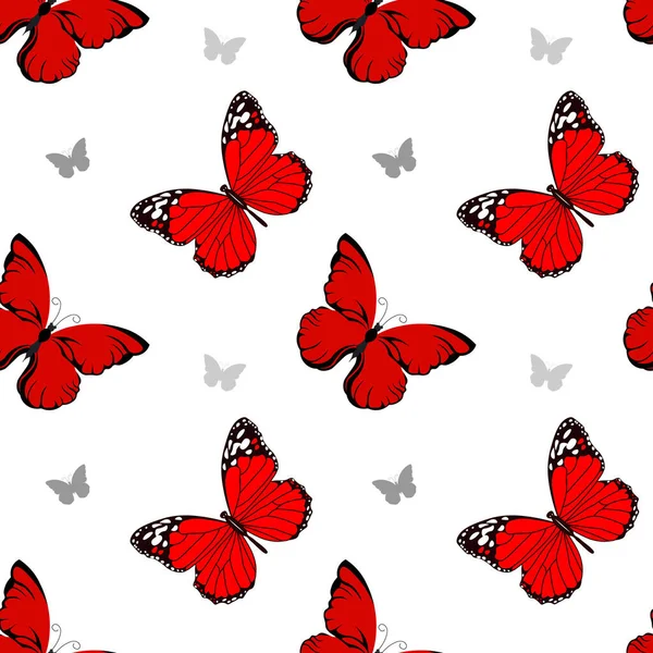 Patrón Sin Costuras Elegantes Mariposas Rojas Sobre Fondo Blanco Textil — Archivo Imágenes Vectoriales