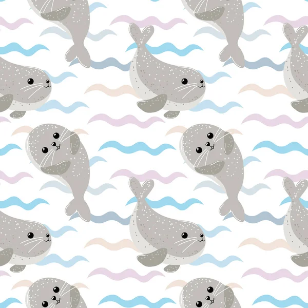 Nahtloses Muster Niedliche Walbabys Und Meereswellen Auf Weißem Hintergrund Kindertextilien — Stockvektor