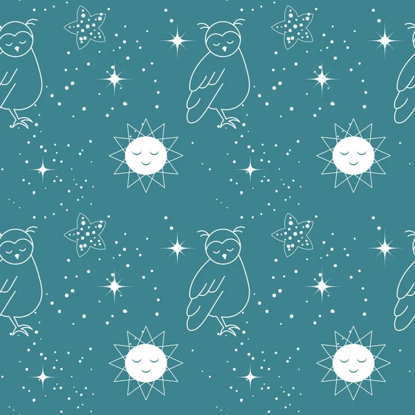 Seamless Pattern Drawn White Owl Birds Sleeping Sun Stars Night — Stock Vector
