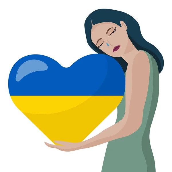 摘要图片说明 年轻哭泣的女人拥抱着心脏 高举乌克兰国旗 反对乌克兰战争的横幅 — 图库矢量图片