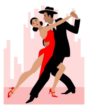 İllüzyon, dans eden bir çift, siyahlı bir adam ve soyut arka planda kırmızı elbiseli bir kadın. Poster, baskı, kartpostal