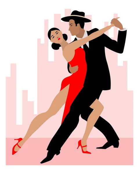 Ilustración Una Pareja Bailarines Hombre Negro Una Mujer Con Vestido — Archivo Imágenes Vectoriales