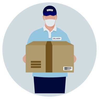 Resim, teslimat. Elinde karton bir kutu olan spor ceketli bir erkek teslimatçı. Clip sanatı, simge, vektör.