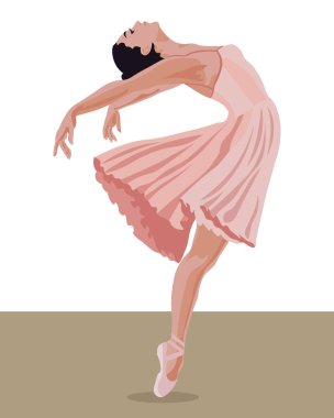 Resim, pembe elbiseli dans eden bir balerin ve soyut arkaplanda sivri uçlu ayakkabılar. Dans dersleri için poster, klip sanatı.