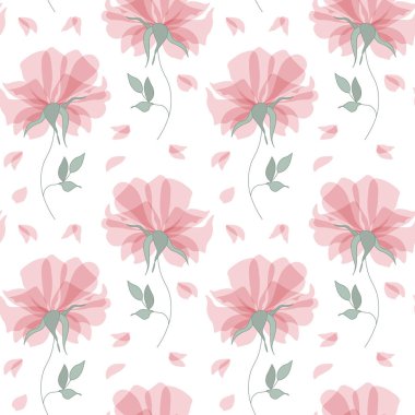 Kusursuz desenli, şeffaf pembe gül çiçekleri ve beyaz arka planda düşen yapraklar. Yazdır, duvar kağıdı, tekstil, yatak odası dekoru, vektör