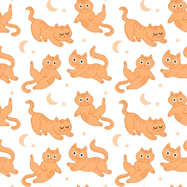 Seamless pattern, drawn cute ginger kittens, moon and stars on a white background. Print, textile for children, cover