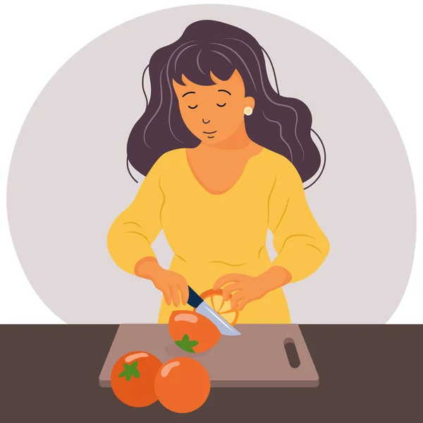 Illustrazione Cucina Una Giovane Casalinga Taglia Frutta Con Coltello Tagliere — Vettoriale Stock