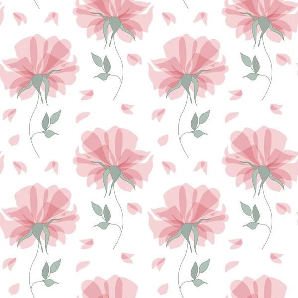 Motif Sans Couture Délicates Fleurs Roses Transparentes Roses Pétales Tombés — Image vectorielle