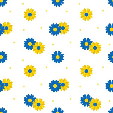 Kusursuz desen, beyaz arka planda küçük sarı ve mavi çiçekler. Yazdırma, kaplama tekstil, duvar kağıdı