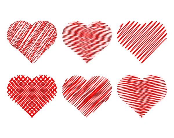 Ensemble Cœurs Rouges Dessinés Abstraits Cœurs Éclos Sur Fond Blanc — Image vectorielle